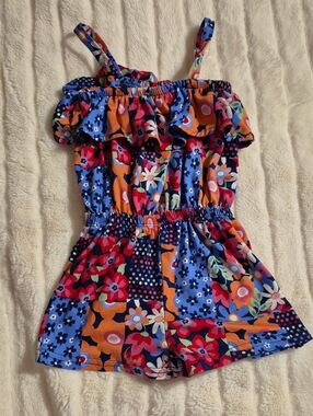 Picapno, Girls Floral Patchwork Romper - Blue & Orange